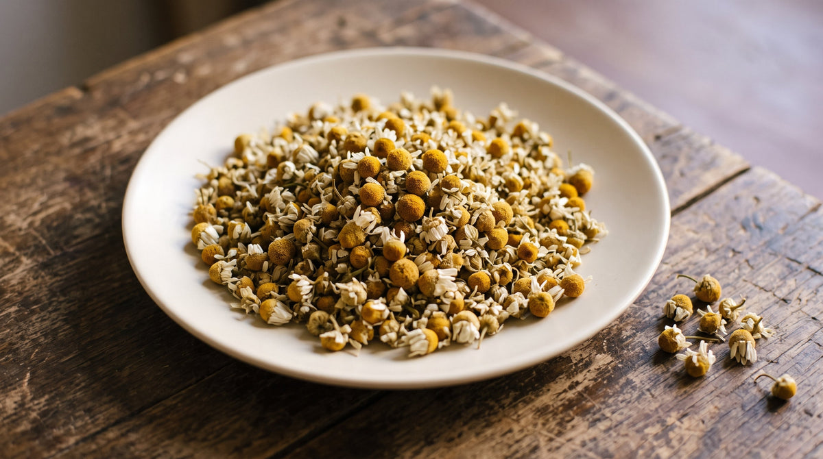 Whole dried chamomile flowers heaped on a cream plate, yellow centres and white petals intact.