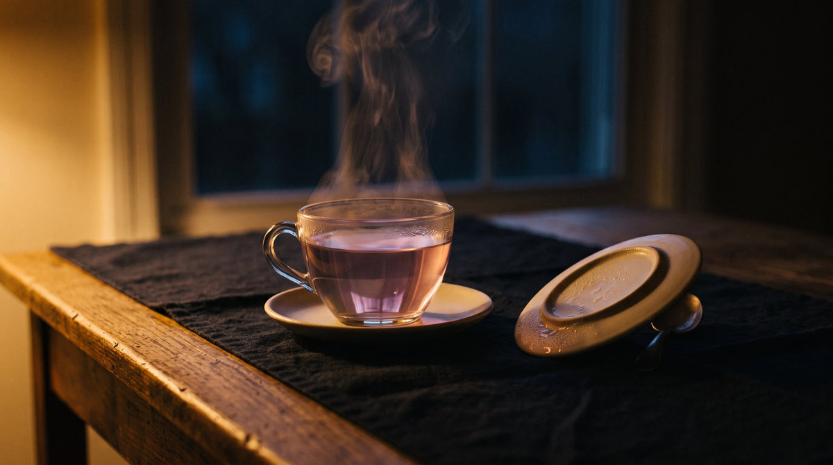 A clear glass cup of pale violet-pink herbal tea on a saucer, steam rising, a second saucer set aside on a dark cloth