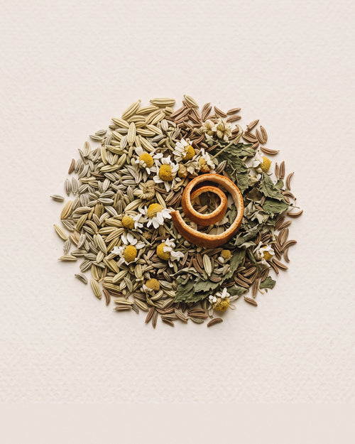 After Ease loose herbal tea blend: fennel seeds, caraway, chamomile flowers, spearmint and a curl of orange peel