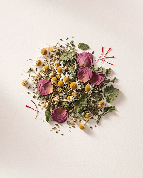 Inner Ease loose herbal tea blend: chamomile flowers, lemon balm, spearmint, damask rose petals and saffron threads