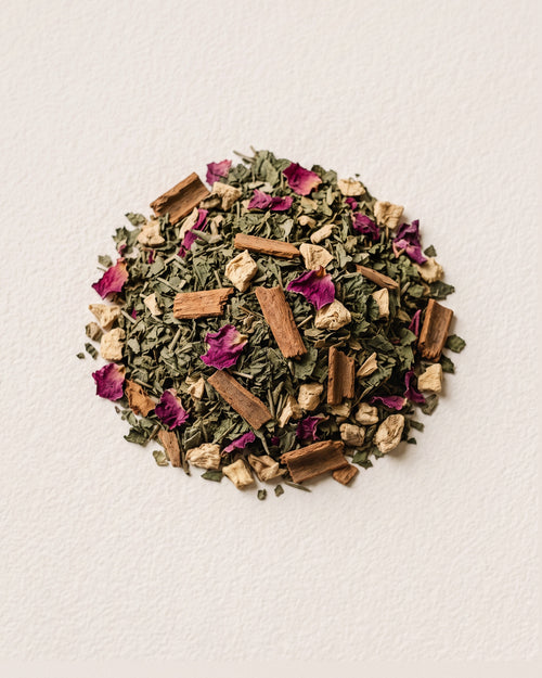 Moon Flow loose herbal tea blend: raspberry leaf, spearmint, damask rose petals, Ceylon cinnamon and ginger