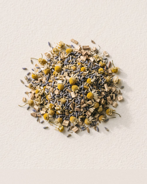 Quiet Moon loose herbal tea blend: chamomile flowers, lavender buds and cut valerian root