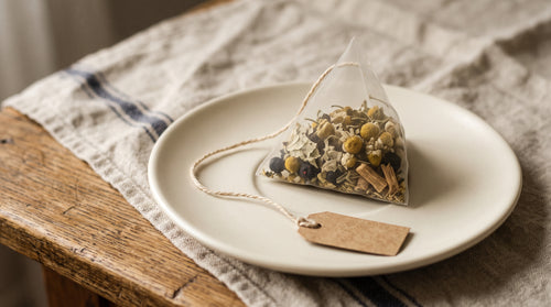 A Quiet Moon pyramid tea bag on a cream saucer, whole herbs visible through the mesh, with its cotton string and kraft tag